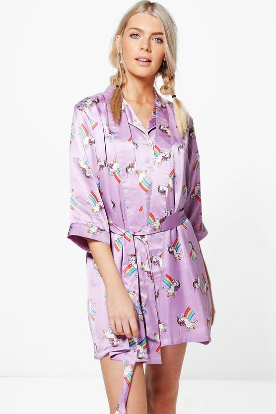 Zoe Unicorn Satin Tie Waist Kimono Robe